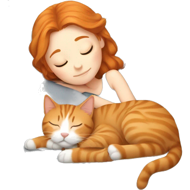 sleeping girl ginger hair laying next to gray tabby cat emoji