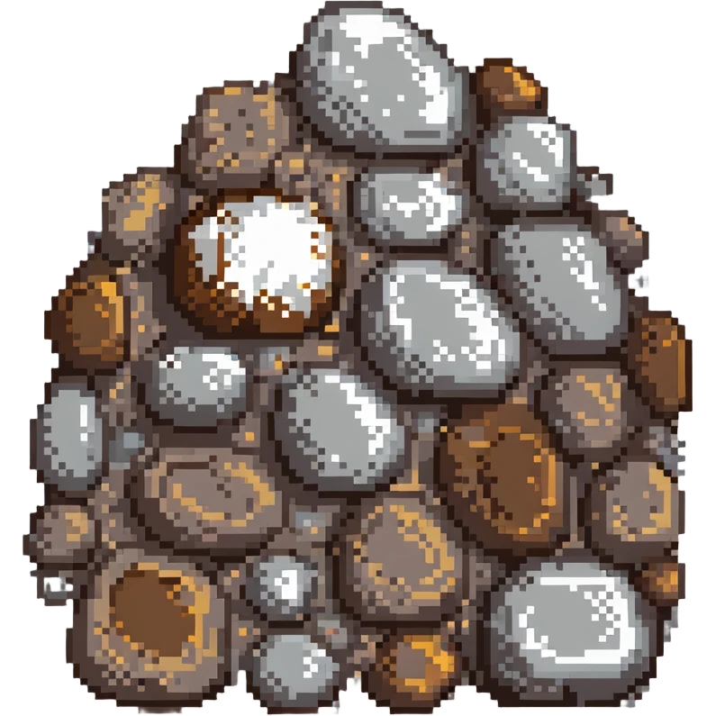 iron ore, pixel art, small cluster of gray and brown rocks, metallic shine emoji