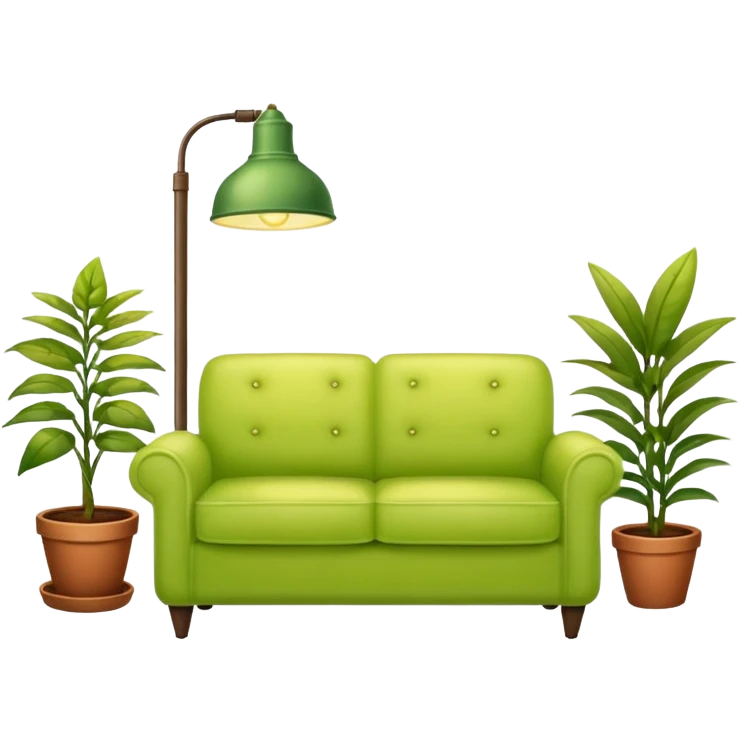 living room in ios emoji style

no TV, and make the couch a light green color

there is a lamp on one side and some plants on the other side emoji