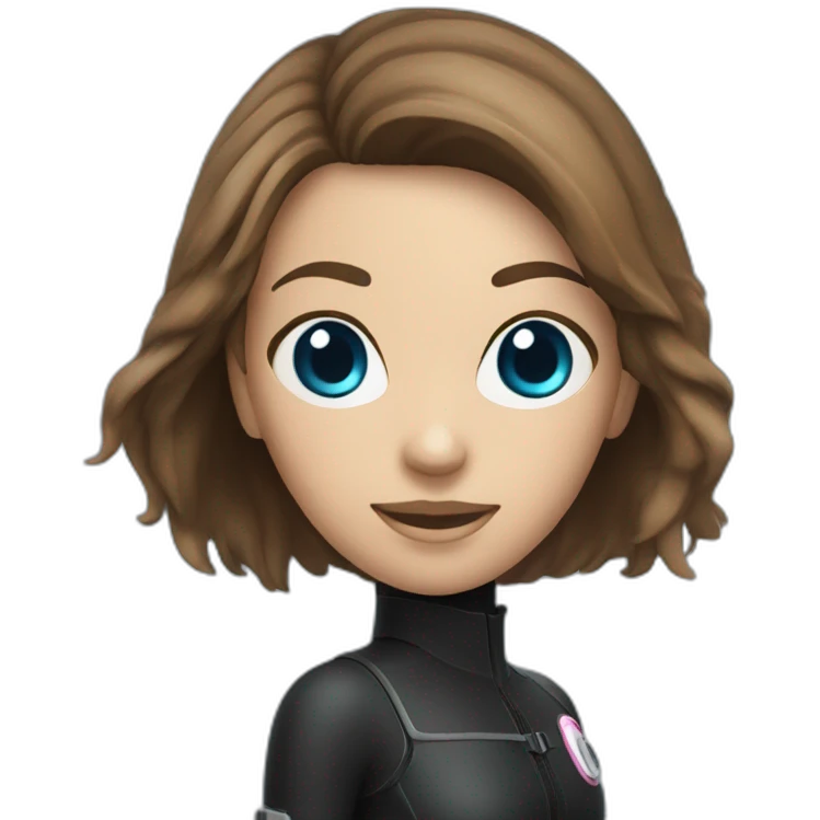 a woman with an a black scubadiver suit. pink dive mask, she has blue eyes inside the dive mask. brown largue and straight hair emoji