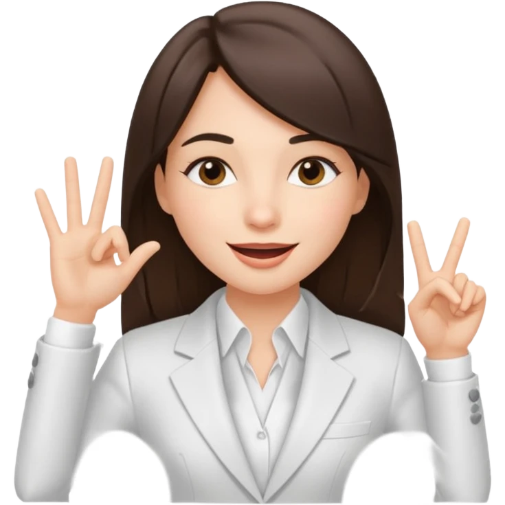 brunette girl wearing a white suit, with straight hair, making a "be quiet" gesture emoji