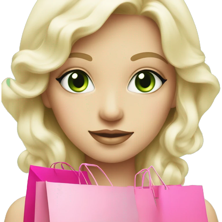 cute platinum blonde with green eyes wearing pink surrounded by pink shopping bags emoji