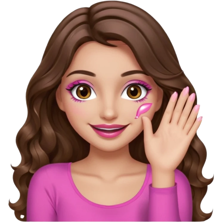 girl with long wavy brown hair, brown eyes, long lashes makeup, sexy pink lips, light to medium complexion, wearing a pink sexy top, smiling, hands covering over the eyes emoji