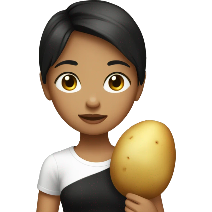 Girl with dark brown short hair and black t-shirt holding a potato  emoji