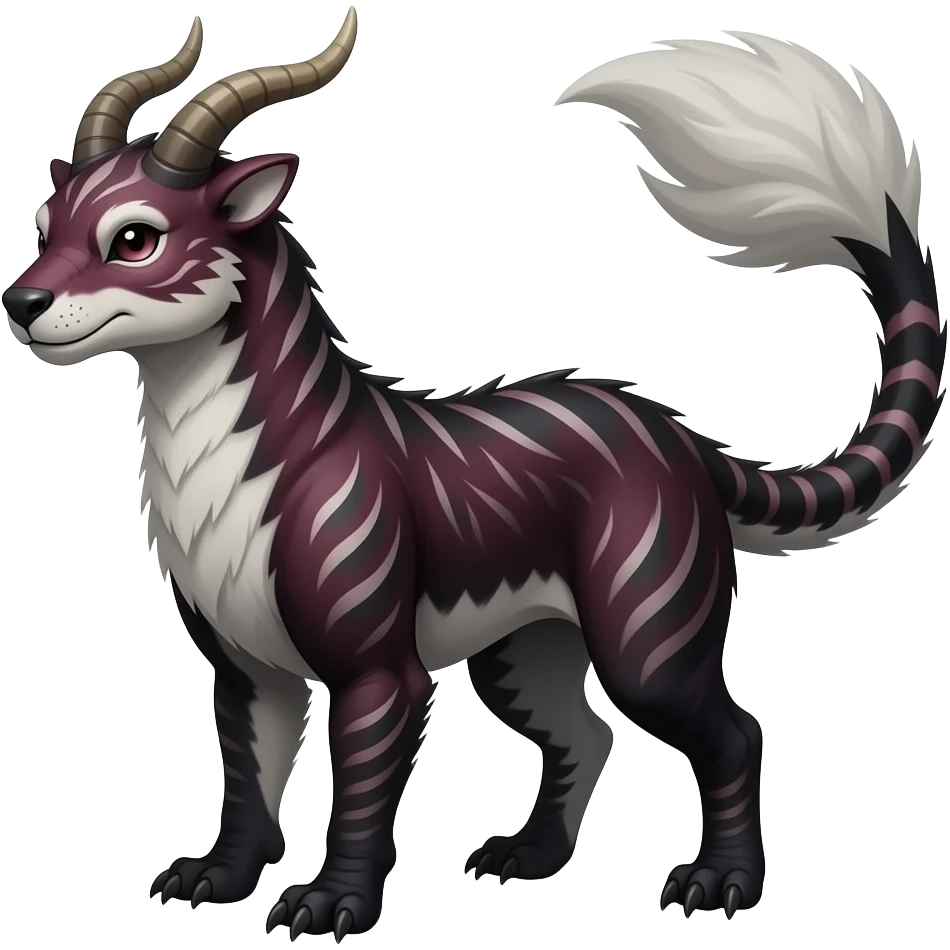 Rare realistic dark-burgundy grey black gradients lush tropical exotic cute epic pretty beautiful handsome gorgeous aesthetic colorful vibrant Vernid-Protogen-Primagen-Wickerbeast-Genet-Trico-species-Fakemon-hybrid-creature by LiLaiRa, beautiful intricate markings, full body emoji