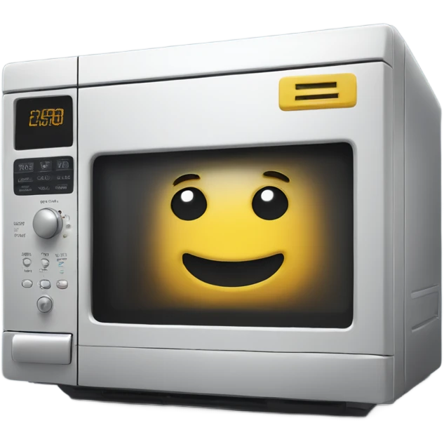 A microwave oven with a smiley face with a sly look in it emoji