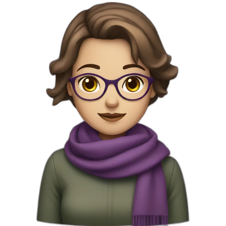 A girl with medium short hair with green and brown eyes with glasses with purple scarf  emoji