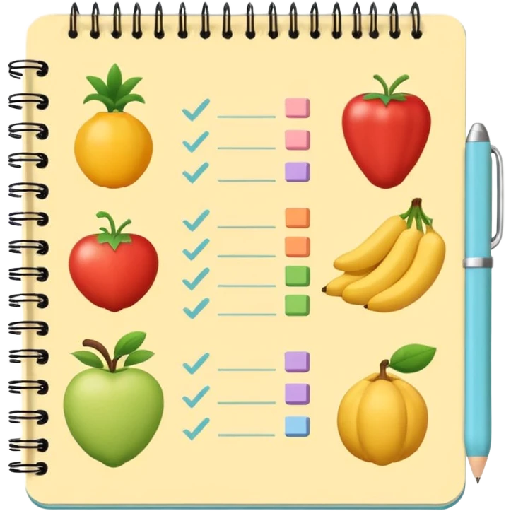 Emoji of checklist notebook with healthy food icons, nutrition planning, flat minimal emoji, pastel colors emoji