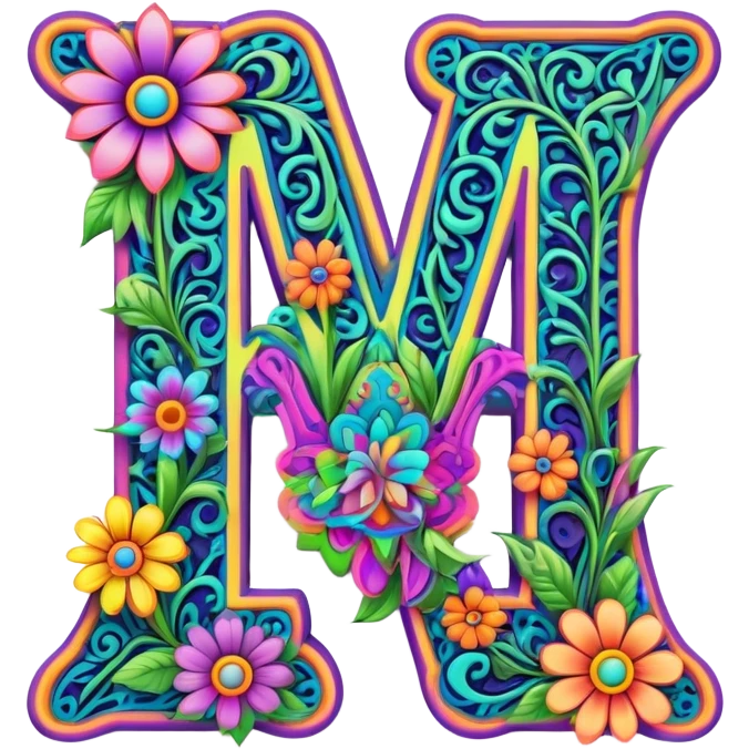 3D, gothic style psychedelic colored Letter W with hippie style flower border emoji