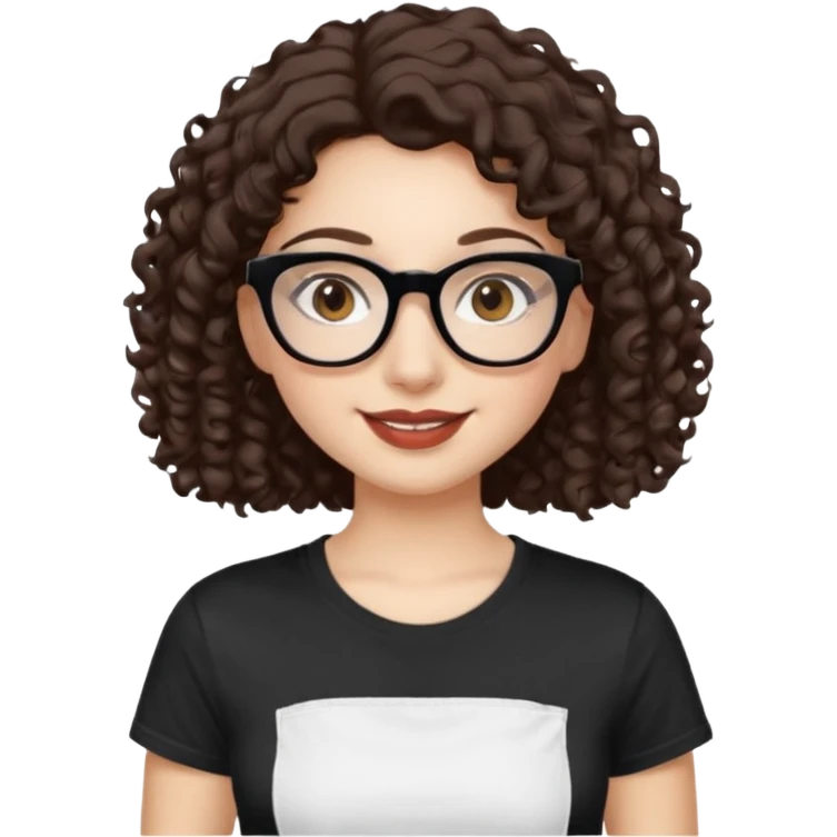 I want to describe me. I am a girl with brown hair amd curly hair. I have brown eyes and black glasses and long lashes with mascara. My lips are medium and my nose as well. I wear a white T-shirt. I am white skin with long curly hair emoji