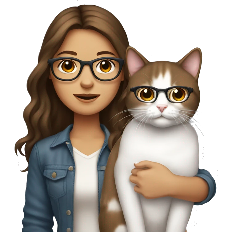 Medium brown hair with glasses, tanned Girl holding white cat emoji