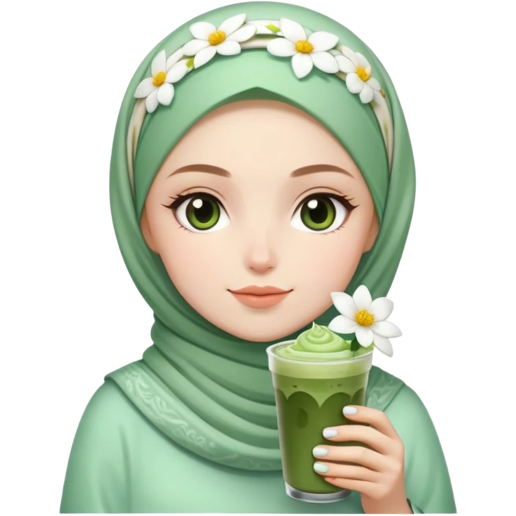 White girl with flower hijab with iced matcha emoji