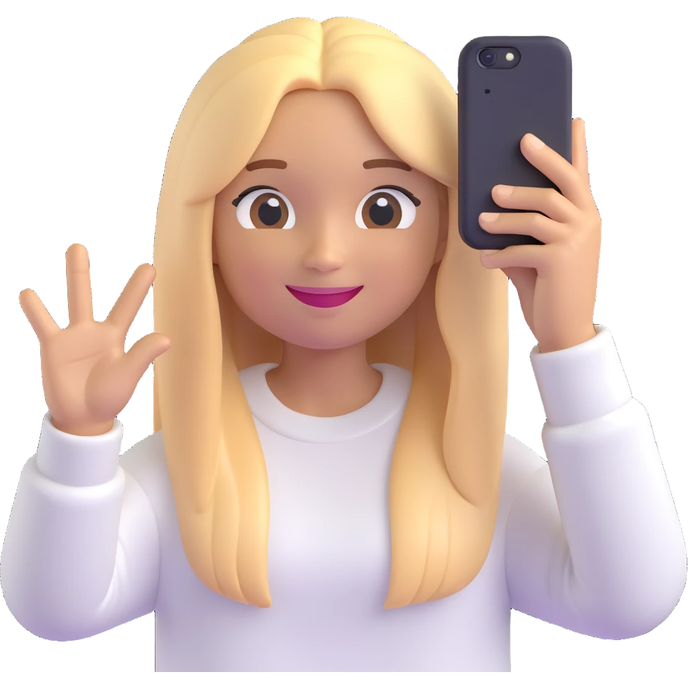 3D emoji style character with long straight blonde hair, light skin, smiling, wearing a light sweater, selfie pose emoji