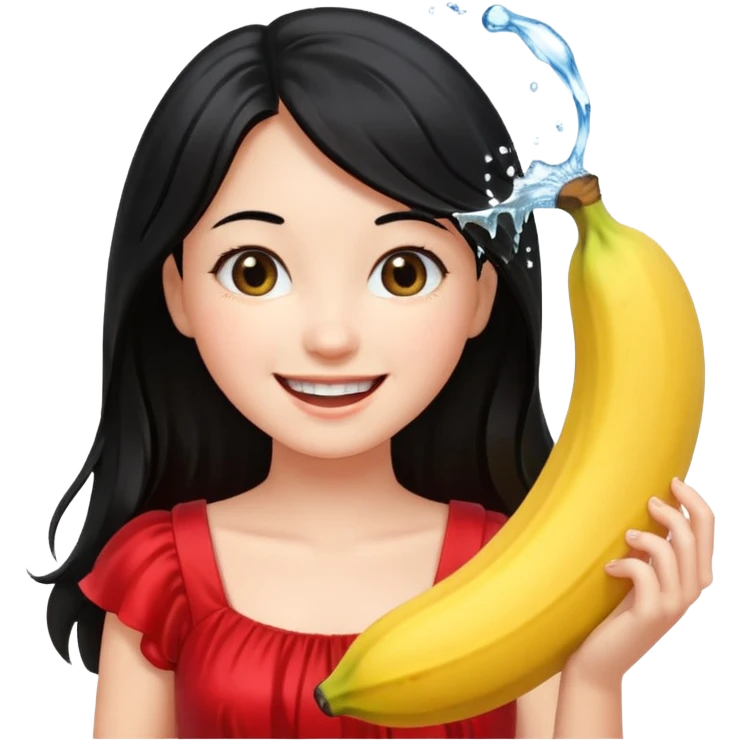 a water splashing banana above a girl with black hair and red dress emoji