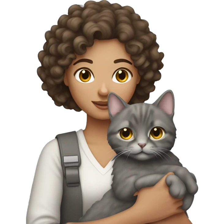 Pretty brunette curly hair woman holding a grey cat  emoji