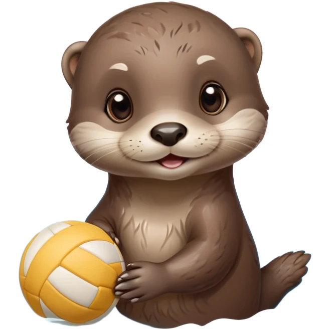 super cute baby otter with gentle expression and soft rounded eyebrows, floating on clearly visible blue water with waves, tiny baby otter with big sweet eyes holding a volleyball with both small paws above water emoji
