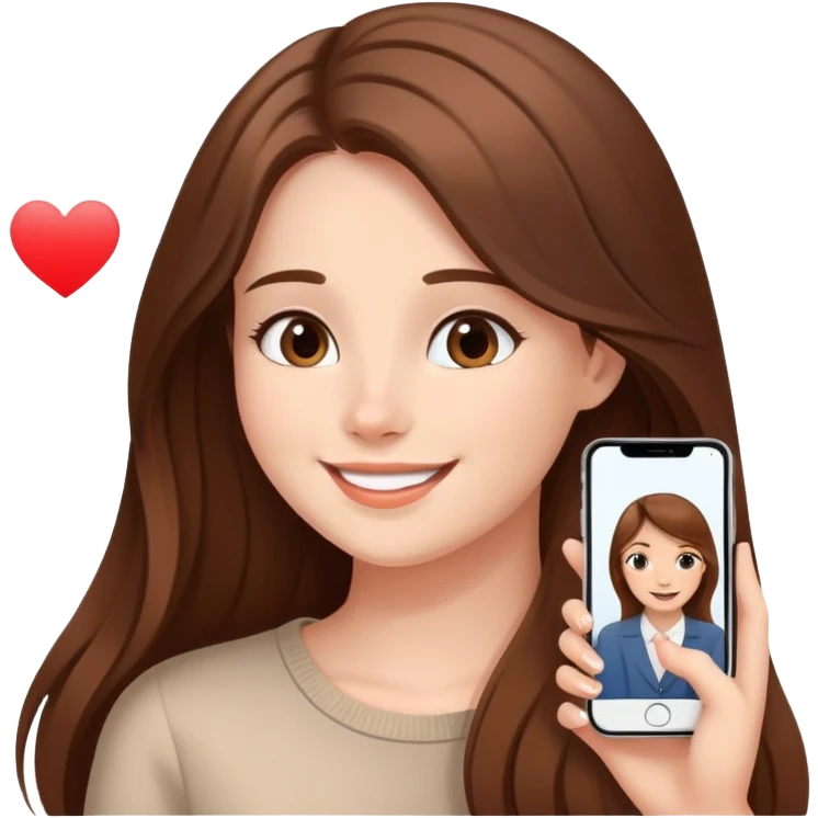 Girl with long brown hair talking to her boyfriend on video call, smiling sweetly elegant cute delicate  emoji