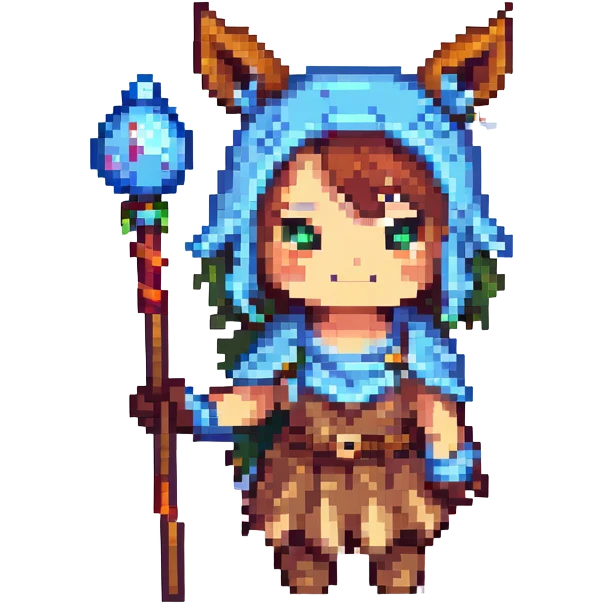 Andira from Granblue Fantasy, pixel art style, small sprite, staff in hand, cute expression, animal ears, recognizable costume emoji
