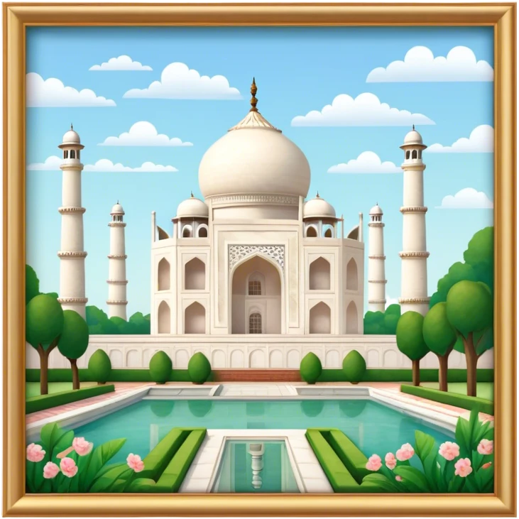 Cinematic Realistic Taj Mahal Landmark Emoji, depicted as the iconic marble mausoleum set amidst lush gardens rendered with intricate detail and ethereal, soft lighting. emoji