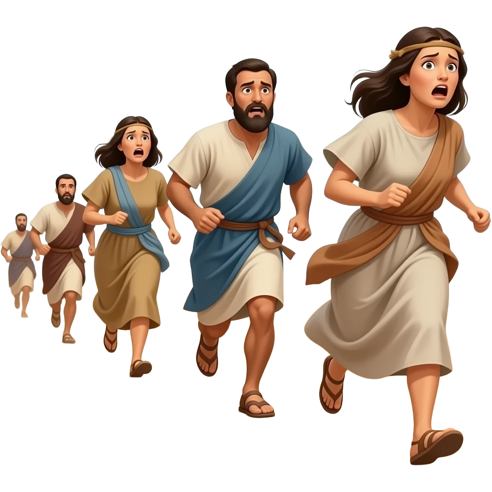 Hebrew men and women from ancient biblical times with a terrified look on their faces running emoji