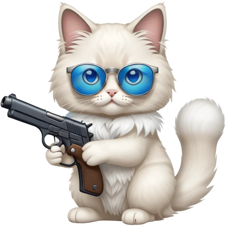 One ragdoll cat with sunglasses holding a gun emoji