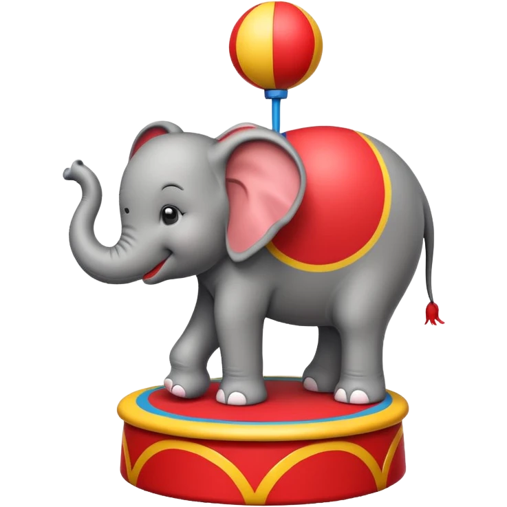 Create a cute emoji of a smiling cartoon elephant balancing a red patterned ball on its trunk while standing on a colorful circus platform. Use a simple, rounded emoji style with clean lines and bright colors. emoji