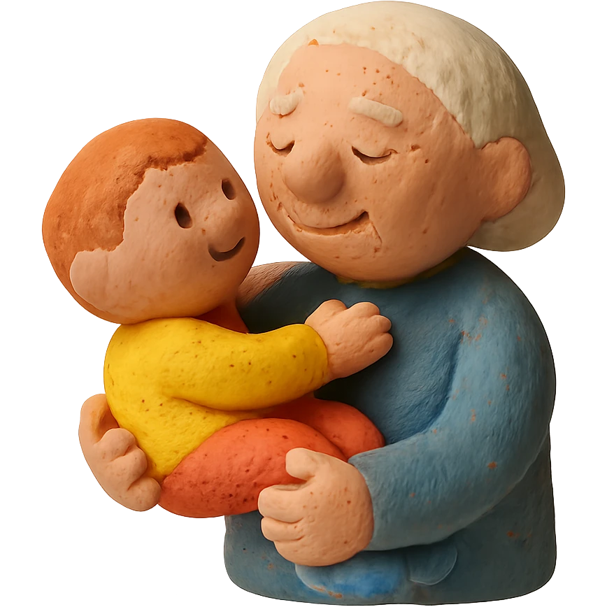 claymation style old person holding a child in their arms emoji