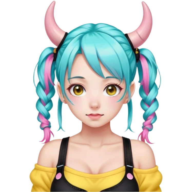 En anime-jente med to rosa lange tykke fletter og cyan striper i håret, ku-horn og ku-ører, sort BH-topp over en gul cropped-fleece-blouse emoji