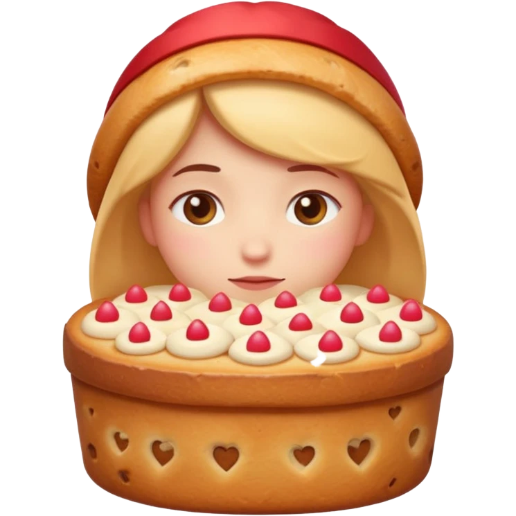 Apple-style emoji illustration of a cuteperson  with dreamy eyes thinking of a traditional panettone, small hearts floating around, soft 3D emoji style, smooth gradients, rounded shapes, warm festive colors, simple expression, centered composition, transparent background, no text. emoji