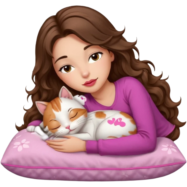 girl with long wavy brown hair, brown eyes, long lashes makeup, sexy pink lips, light to medium complexion,  sleeping on a cozy pillow, with 6 cats, sleeping emoji