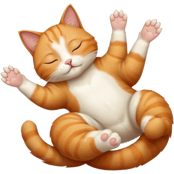 ginger and white small cat eyes closed lying down upside down with paws stretched out straight in different directions emoji