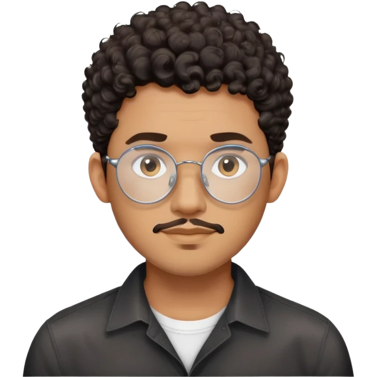Man with oval-shaped face, large oval metallic glasses, dark curly short hair with high fade, light brown complexion, gentle expression, black button-up shirt emoji