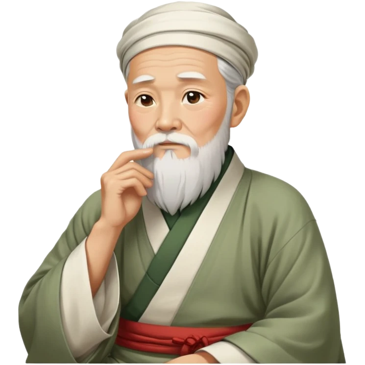 Old oriental sage with white beard and traditional Chinese clothing in contemplative pose, looking thoughtful with hand on chin emoji