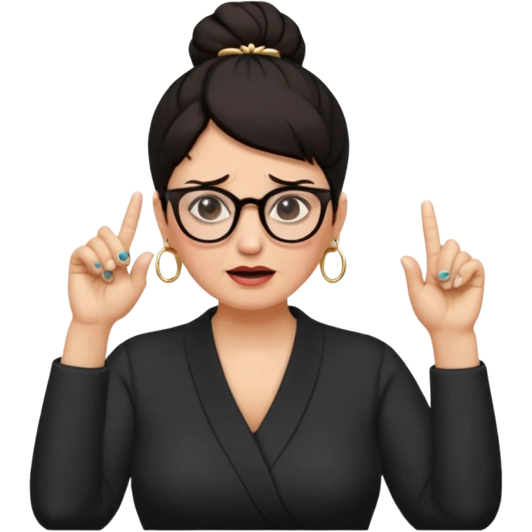 middle aged woman with dark hair pulled up in a high bun, wearing round ring earrings and glasses blocking her ears with her index finger, with a very painful expression on her face  because she cannot stand hearing a terrible singer who is too loud and out of tune.   emoji