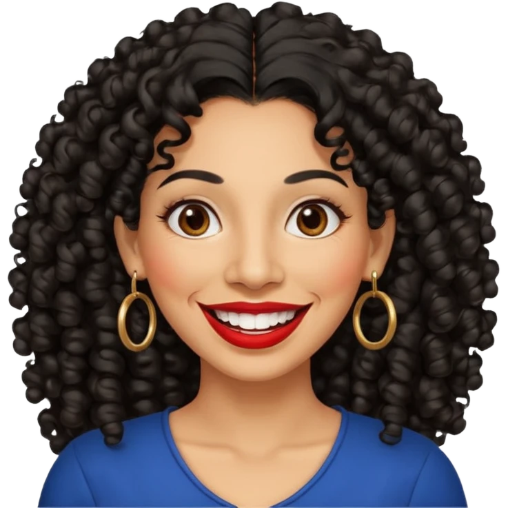 40 yr old peruvian woman, very curly long black hair, red lipstick, big smile, white teeth, brown eyes, hoop earings emoji