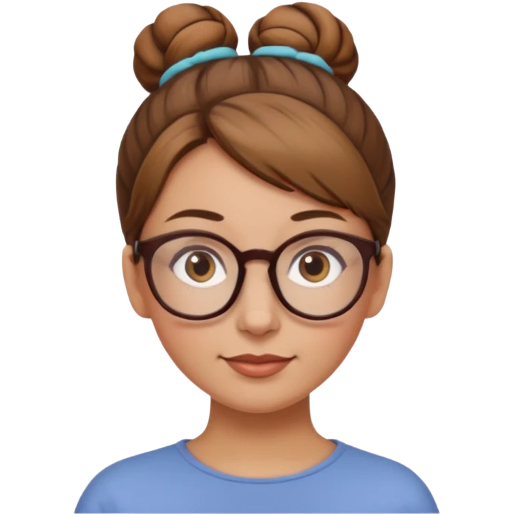 femme de 38 ans avec des cheveux châtain clair, un chignon haut, yeux bruns, lunettes rondes emoji