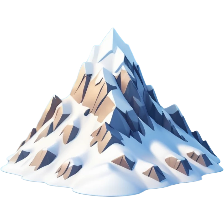 A 3D cartoon snow-covered mountain peak with soft clouds around it, clear blue sky, bright sunlight, smooth textures, Memoji-style rendering. emoji
