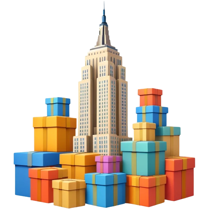 Empire State Building with boxes stacked in creative patterns, some boxes flying, lively emoji