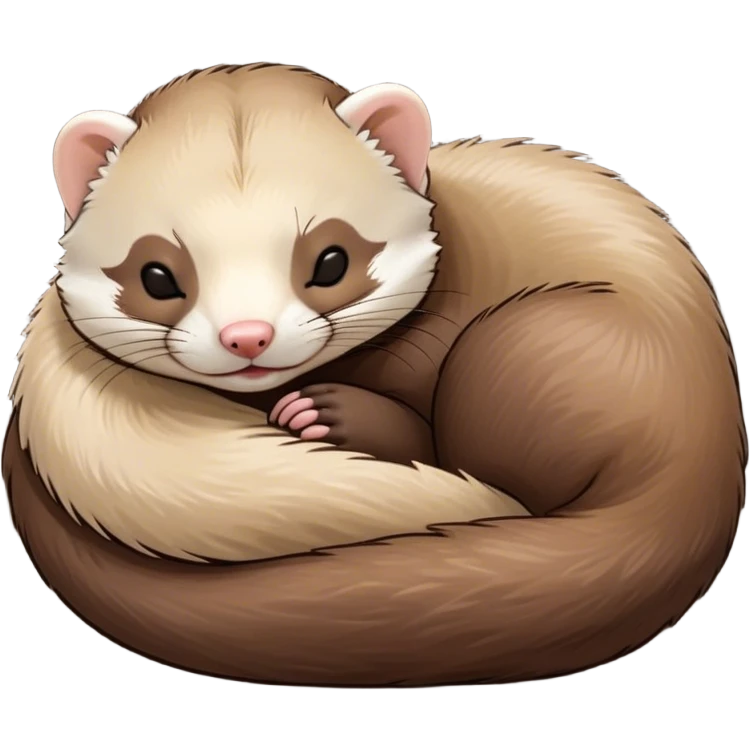 Meme-Worthy Cute Sleeping sable ferret Portrait Emoji, Head resting peacefully with a contented smile, showcasing a long, flexible body curled up in cozy repose, luxuriously soft fur in warm brown and cream, and eyes gently closed in serene slumber, Simplified yet hilariously adorable features, highly detailed, glowing with a soft, drowsy natural light, high shine, relaxed and utterly lovable, stylized with an air of playful laziness, bright and heartwarming, soft glowing outline, capturing the essence of a sleeping sable ferret that feels destined to become the next viral sensation of adorable rest! emoji