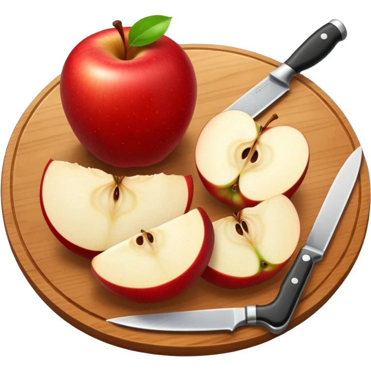 A round wooden board with a whole apple and several slices on it and knife emoji