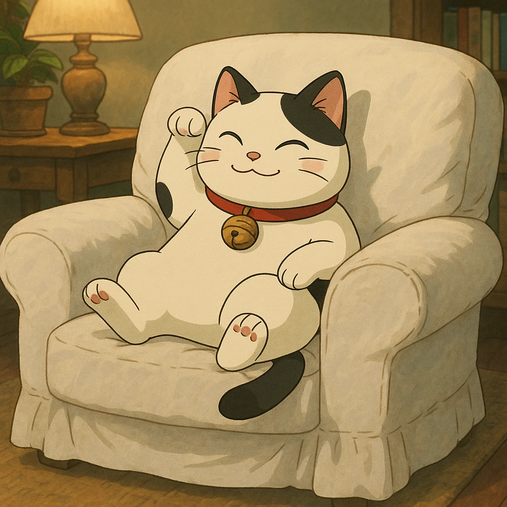 White and black Chinese lucky cat on a cozy white armchair  emoji