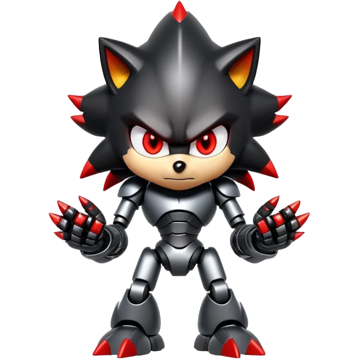 Angry robotic Shadow the Hedgehog with black metal body, red glowing eyes, chrome highlights, and robotic arms crossed emoji