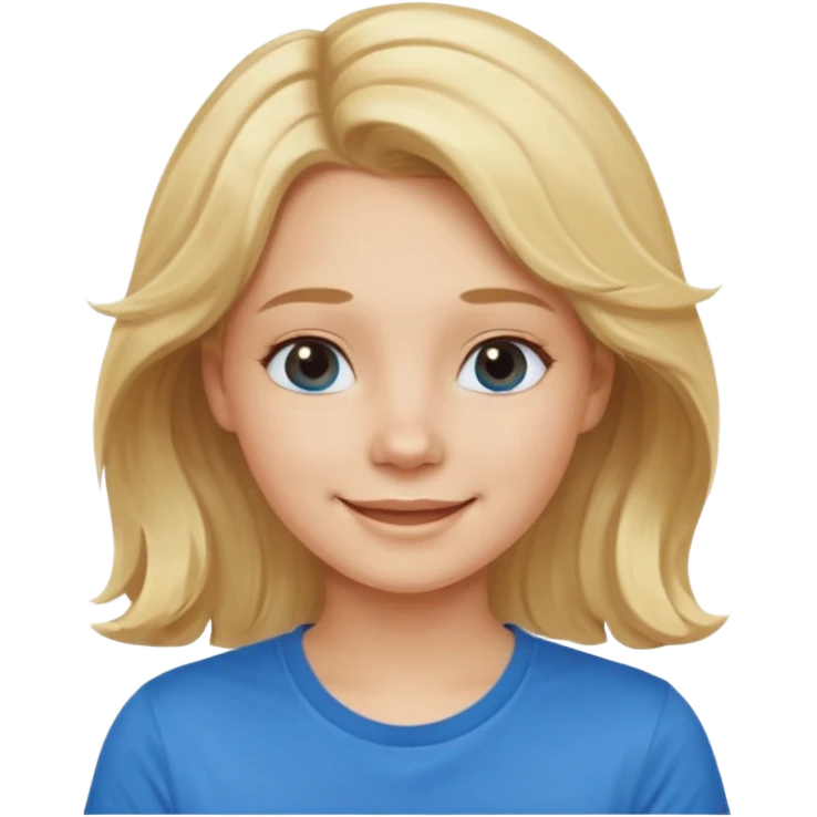 Happy blond girl with light weavy hair with a blue shirt but we can see only her face and neck and the top of the t shirt, no whole body emoji