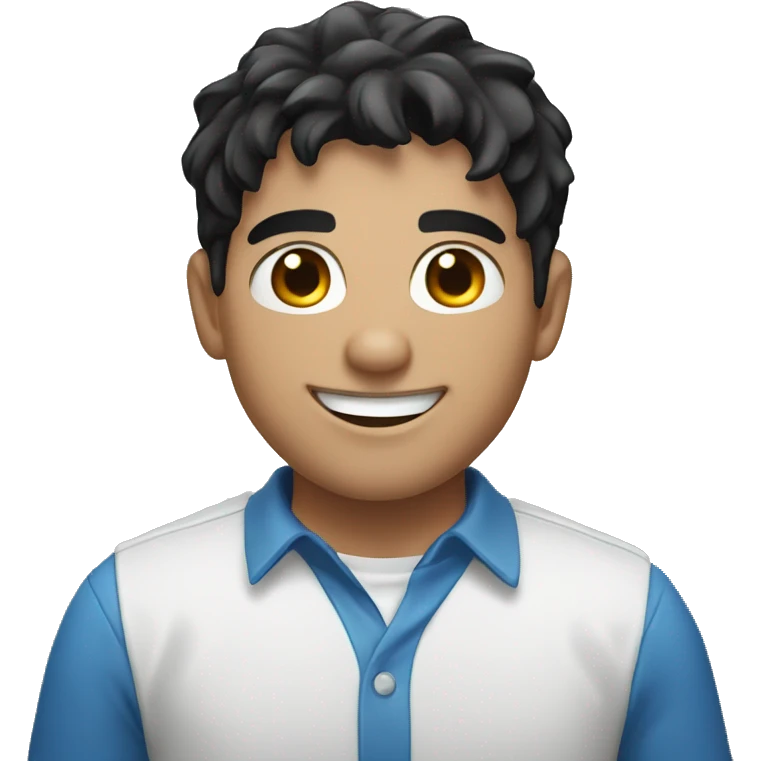 young man with a white and blue shirt and black hair with smile face emoji