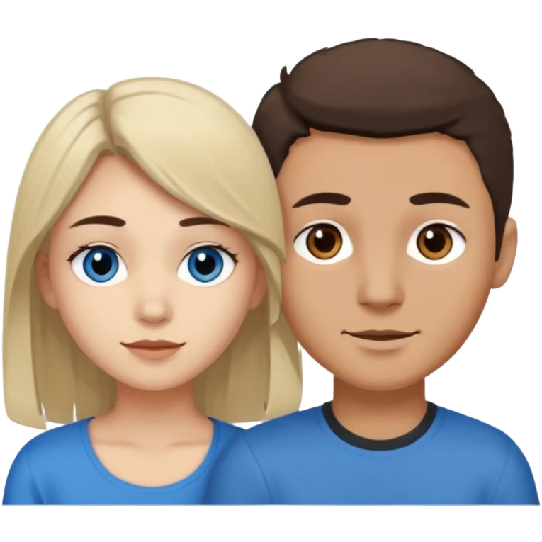 Una pareja heterosexual. La chica de piel blanca pero bronceada (española), pelo al estilo wolfcut castaño oscuro, ojos marrones. El chico de piel blanca, ojos azules y pelo castaño claro, tirando para rubio oscuro. emoji
