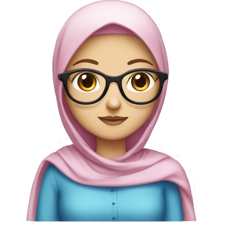 a white girl wearing galasses and blue dress and pink hijab emoji