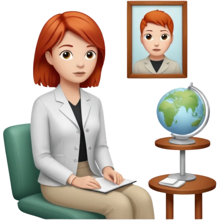 “Red-haired therapist in a calm, modern therapy room, attentively listening to a client, warm lighting, realistic style.” emoji