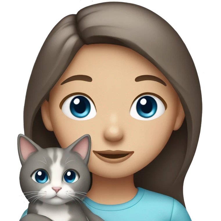 Girl with long brown hair and blue eyes holding a gray cat emoji