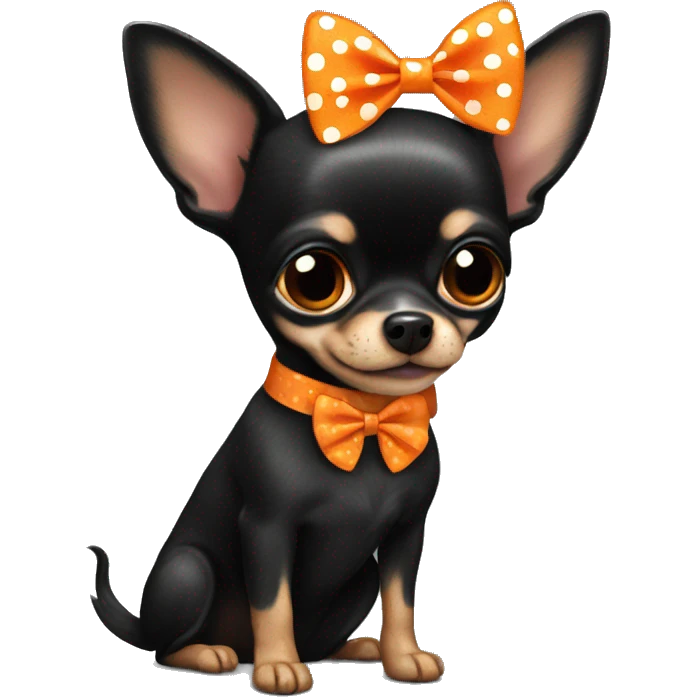 Fully Black chihuahua with orange polka dot bow emoji