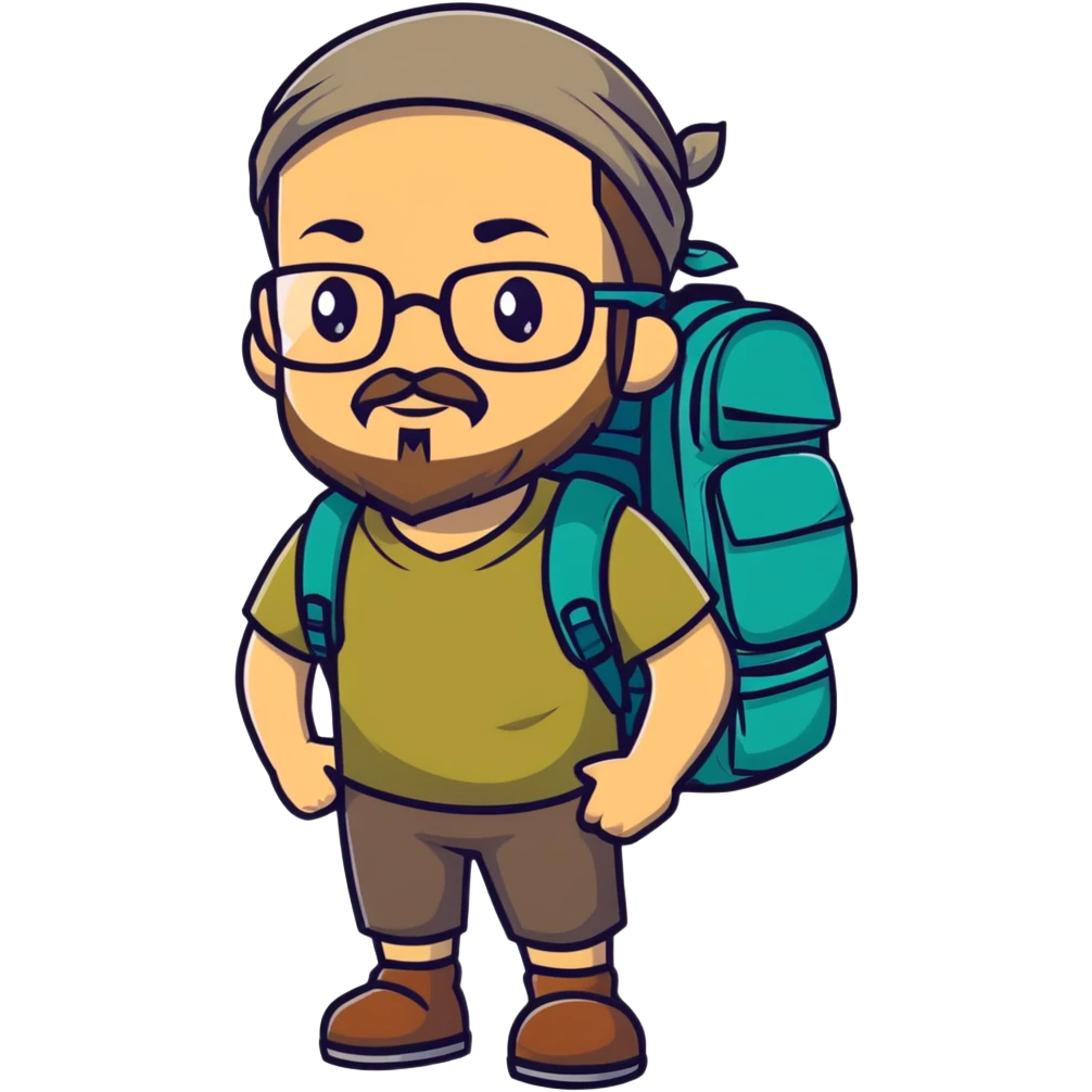 adventurer with goatee beard (no beard on cheeks), short hair, glasses, bandana on head and backpack emoji